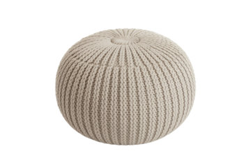 A round, light beige knitted pouf with a ribbed texture, perfect for modern and cozy interior decor, isolated on a background. background removed