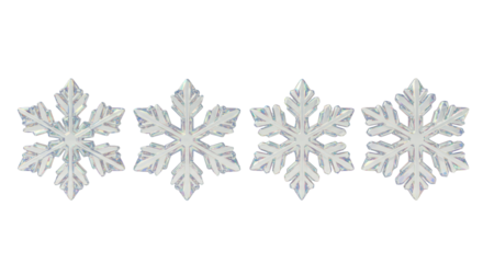 Four iridescent 3D snowflakes with crystal patterns, shifting rainbow colors, on transparent background with copy space, conveying modern winter elegance. Concept of holiday design