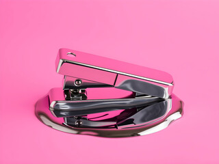 Surreal Metallic Chrome Stapler Melting on a Bright Pink Background