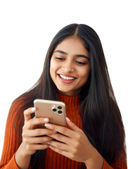 Smiling woman using smartphone mobile app social media online communication on transparent background