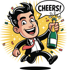 Cheerful Businessman Celebrating with Champagne Bottle – Cartoon Vector Celebration Illustration