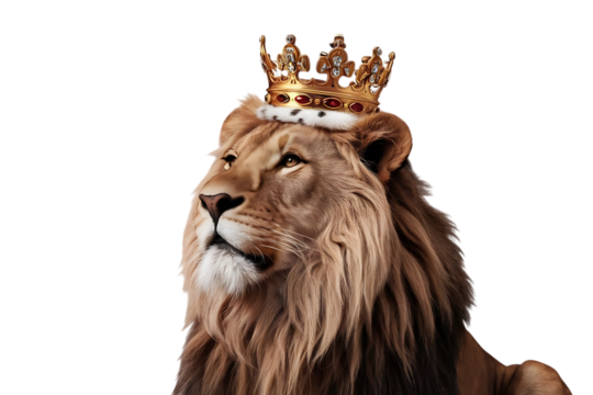 Majestic lion, with a golden crown adorned with red gems and diamonds, cutout, PNG isolated on white or transparent background