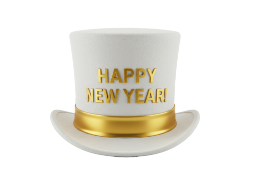 transparent felt top hat, 'HAPPY NEW YEAR!' in gold lettering, gold satin ribbon, on transparent studio background, softbox lighting, sophisticated New Year's Eve celebration - Powered by Adobe