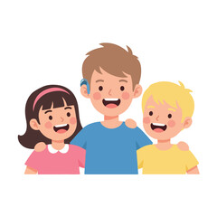 Obraz premium Three diverse and happy children embracing a friend with a hearing aid.
