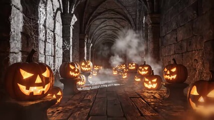An eerie candlelit hallway adorned with flickering pumpkin lanterns on both sides casts a warm amber glow, while a subtle, cinematic movement. - Powered by Adobe