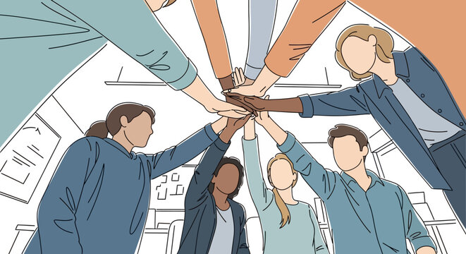 Teamwork and unity illustration A group of diverse people joining hands in a huddle