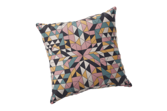 Stylish cushion featuring a modern geometric triangular pattern in pink, yellow, blue, black, and white, perfect for home decor. background removed