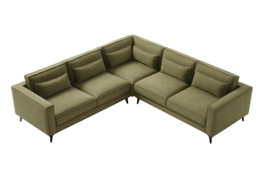 Modern L-shaped corner sectional sofa in muted olive green with plush cushions and sleek dark legs, ideal for contemporary homes. background removed