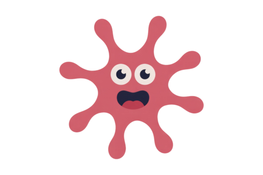 A cheerful, cartoonish pink amoeba-like creature with big eyes and a wide smile, depicted against a dark transparent background. background removed