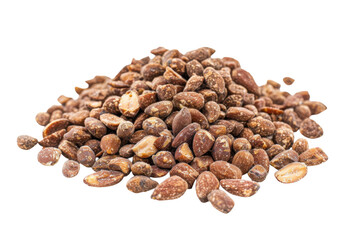 Pile of roasted coated nuts on transparent background