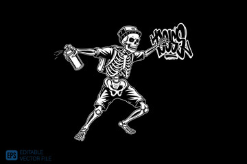 Skeleton in a cap holding a spray can and a graffiti tag.