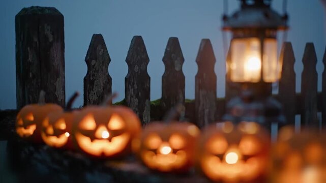 foggy backyard fence lined with tiny carved jack o lanterns swaying in dim lantern light, slow focus pull to distant shadows