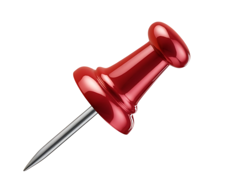 Shiny Red Push Pin, with Silver Metal Point, cutout, PNG isolated on white or transparent background thumbtack metallic