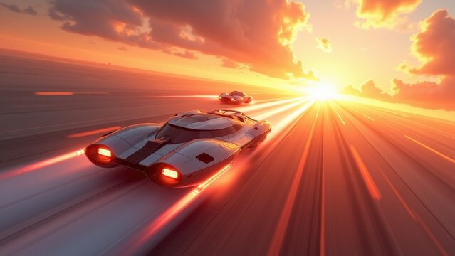 Two futuristic hover cars speeding on endless highway toward glowing sunset with motion blur, concept of electric vehicle innovation, autonomous driving, sci-fi transportation