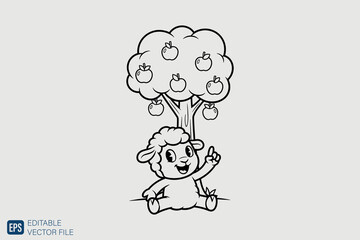 Cute Little Lamb Sitting Under an Apple Tree.