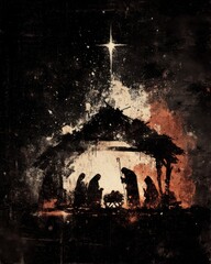 Modern Gouache Nativity Silhouettes Under Bethlehem Star.