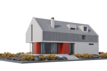 Modern house with gabled roof, white/grey facade, red accents, large windows. Minimalist landscape, rocks, golden shrubs, isolated on transparent background. background removed