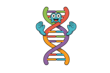 A vibrant cartoon DNA double helix with a cheerful blue character head and hands, representing genetics and biology in a fun, friendly style. background removed
