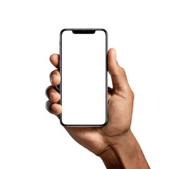 A hand is holding a smartphone with a blank screen, illuminated by natural light in a bright environment