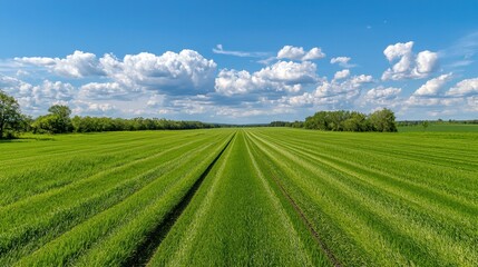 Verdant Green Fields Under Bright Blue Sky with White Clouds