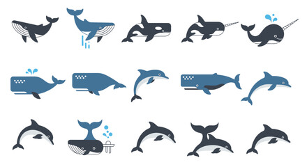 Fototapeta premium Marine Mammals Illustration Set Whales Dolphins Narwhals Graphic Design
