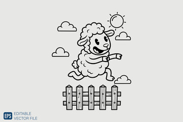 Happy Cartoon Sheep Jumping Over a Fence in a Field.