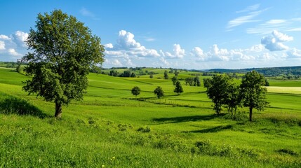 Obraz premium Lush Green Landscape Under Bright Blue Sky with Fluffy Clouds
