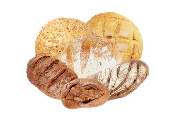 beautiful photography composition of five different types of artisan rustic bread loaves, featuring various crusts and flours, showcasing traditional bakery items isolated on black.
