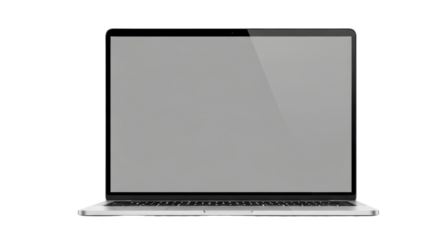 A modern silver laptop computer with a blank grey screen, isolated on a plain white background.
