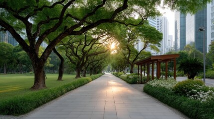 Obraz premium Lush Green Park Pathway Lined with Mature Trees and Modern City Skyscrapers Under Warm Golden Hour Sunlight Casting Long Shadows and Reflecting on the Paved Ground