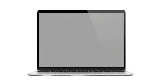 A modern silver laptop computer with a blank grey screen, isolated on a plain white background.