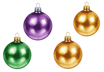 Four distinct watercolor Christmas ornaments: emerald green, royal purple, shimmering gold, silver, with metallic caps, on transparent background with copy space. Festive celebration concept