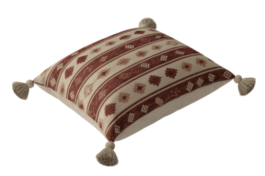 A decorative square throw pillow features a global-inspired pattern in earthy tones, geometric motifs, and corner tassels, presented against a solid background. background removed - Powered by Adobe