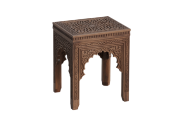 Ornate carved wooden side table featuring intricate Moorish/Indian patterns on its square top and arched panels, perfect for accent decor. background removed