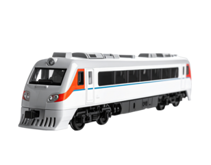 Sleek, modern white passenger train with orange/blue stripes