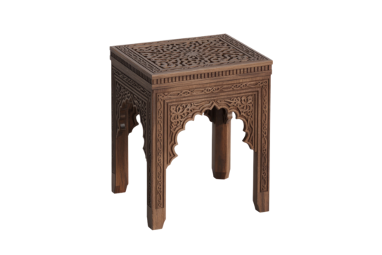 Ornate carved wooden side table featuring intricate Moorish/Indian patterns on its square top and arched panels, perfect for accent decor. background removed