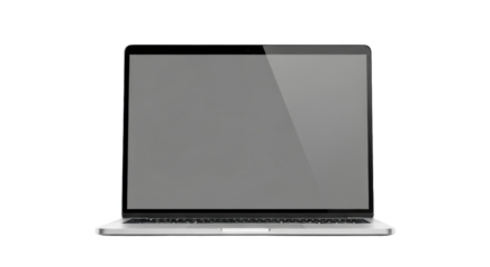 A modern silver laptop computer with a blank gray screen is shown from the front on a white background.