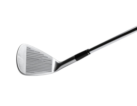 Silver iron golf club with grooves, black background