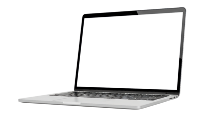 A silver laptop computer with a blank white screen, angled slightly open on a white background.
