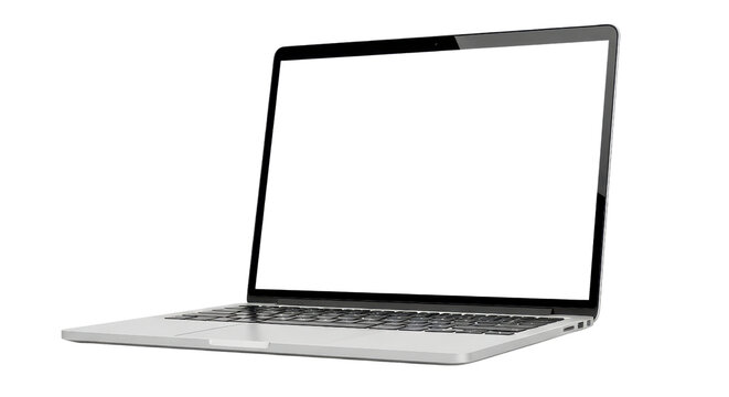 A silver laptop computer with a blank white screen, angled slightly open on a white background.
