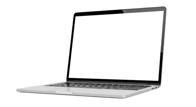 A silver laptop computer with a blank white screen, angled slightly open on a white background.