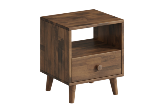 A rustic dark brown wooden nightstand featuring an open cubby and a single drawer with a round pull, supported by tapered legs. background removed
