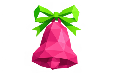 Pink low poly christmas bell with green bow, festive geometric ornament, celebrating winter holidays