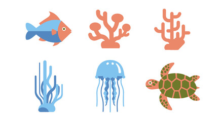 Fototapeta premium Ocean Life Illustration of Fish Jellyfish Turtle and Coral Reefs