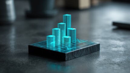 Modern Digital Graph with Holographic Bars Displaying Financial Growth on Dark Surface with Blurred Background