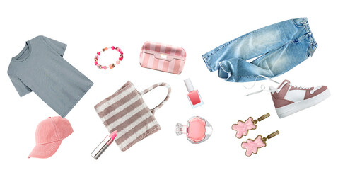 a floating flat lay composition of women's essential casual wear and accessories, including a blue...