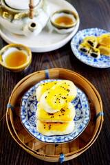 Close up of Chinese pastry dessert (Fresh milk mooncakes) with tea