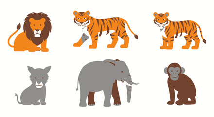 Naklejka premium Cartoon Safari Animals Set Lion Tiger Elephant Fox Monkey Illustrations