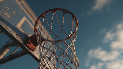 Basketball hoop against a partly cloudy sky, with a sense of action and anticipation. The hoop is the main focus, with the net hanging ready for a shot.