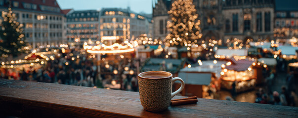 Christmas digital nomads enjoy warm coffee festive market with glowing lights and joyful atmosphere charming town square during winter holiday